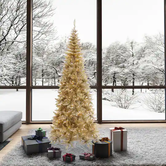 D522608S_2 7.5ft. Pre-Lit Champagne Tinsel Fir Slim Artificial Christmas Tree, Clear Dura-Lit™ Lights